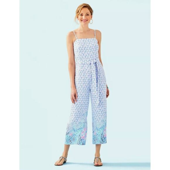 Lilly Pulitzer Sandra Jumpsuit Sea la Vie Size 16 Wide Leg Tie Belt White Blue
